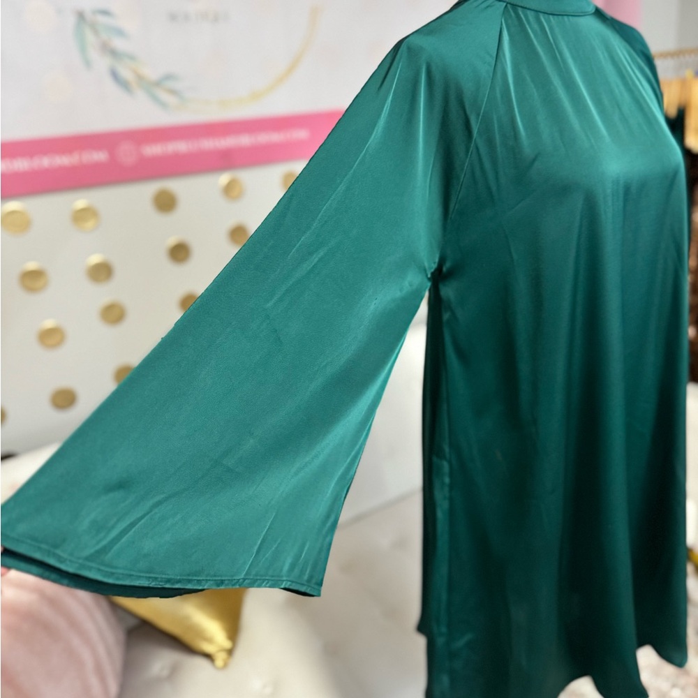 Emerald Green Flowy Swing Dress | Bell Sleeve Mock Neck Holiday Dress | Medium - Picture 4 of 7